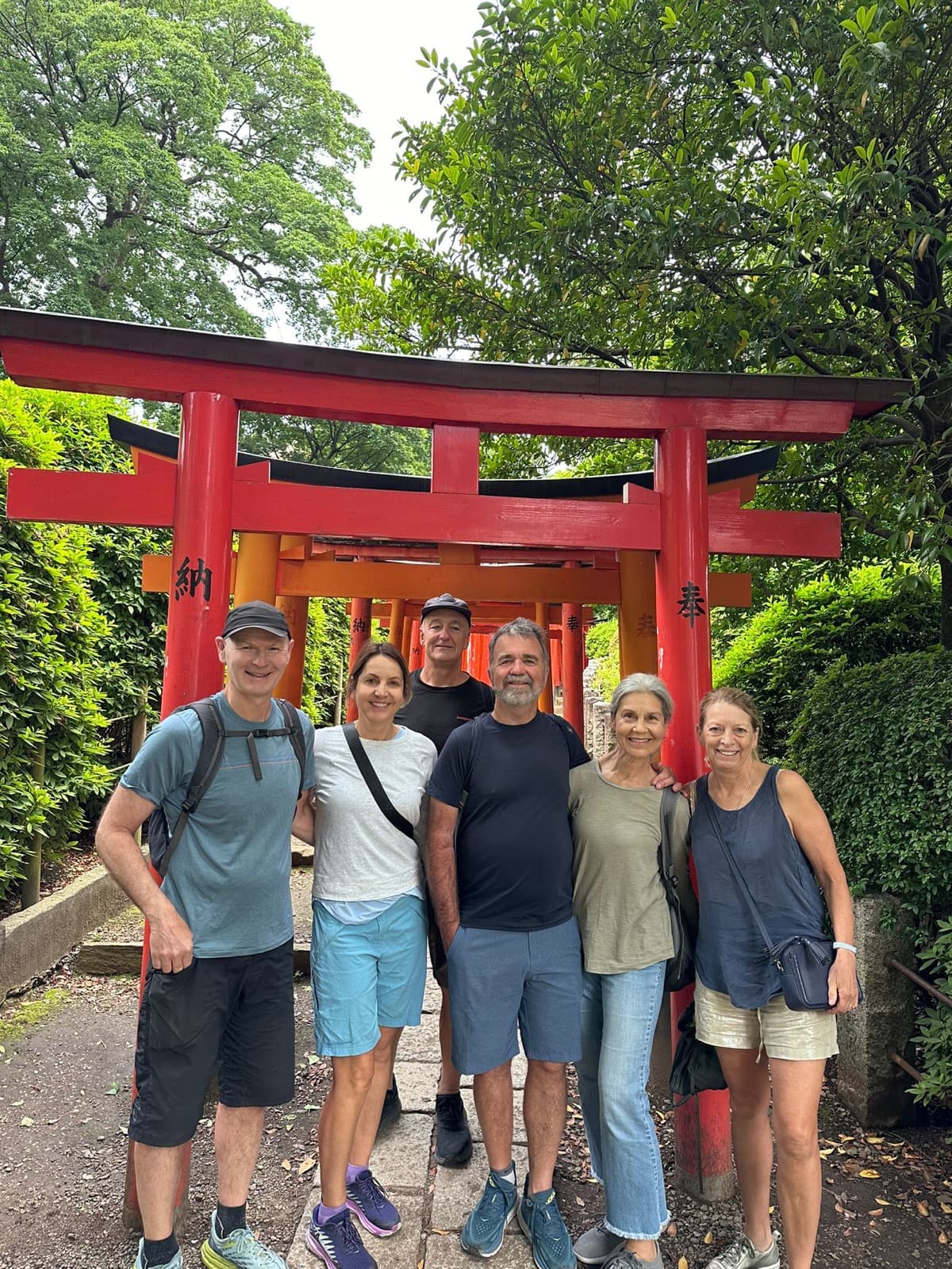 Walking through red torii gates with guests